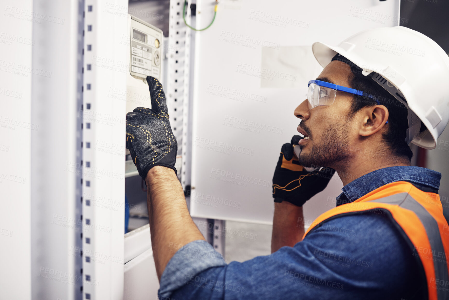 Buy stock photo Man, phone call and engineering in control room, switchboard or industrial system inspection. Male electrician talking on smartphone at power box, server mechanic or electrical substation maintenance