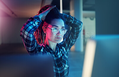 Buy stock photo Cybersecurity, password and woman hacker getting ready while working on a computer at night for phishing. Database, malware and ransomware with a female coder hacking a digital transformation network