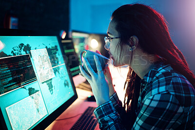 Buy stock photo Computer screen, coffee or cyber security woman hacker in dark room for coding, phishing or blockchain. Night, programmer ux or girl hacking online in digital transformation on global ai website