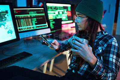 Buy stock photo Mobile, cyber security or girl by computer screen in dark room at night for coding, research or blockchain. Coffee, phone hacker or woman hacking online in digital transformation on global website