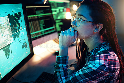 Buy stock photo Woman, computer screen and hacker thinking with software, data programming or cybersecurity. Idea, coder and female reading map for hacking, location or phishing, info on dark web at night in home.