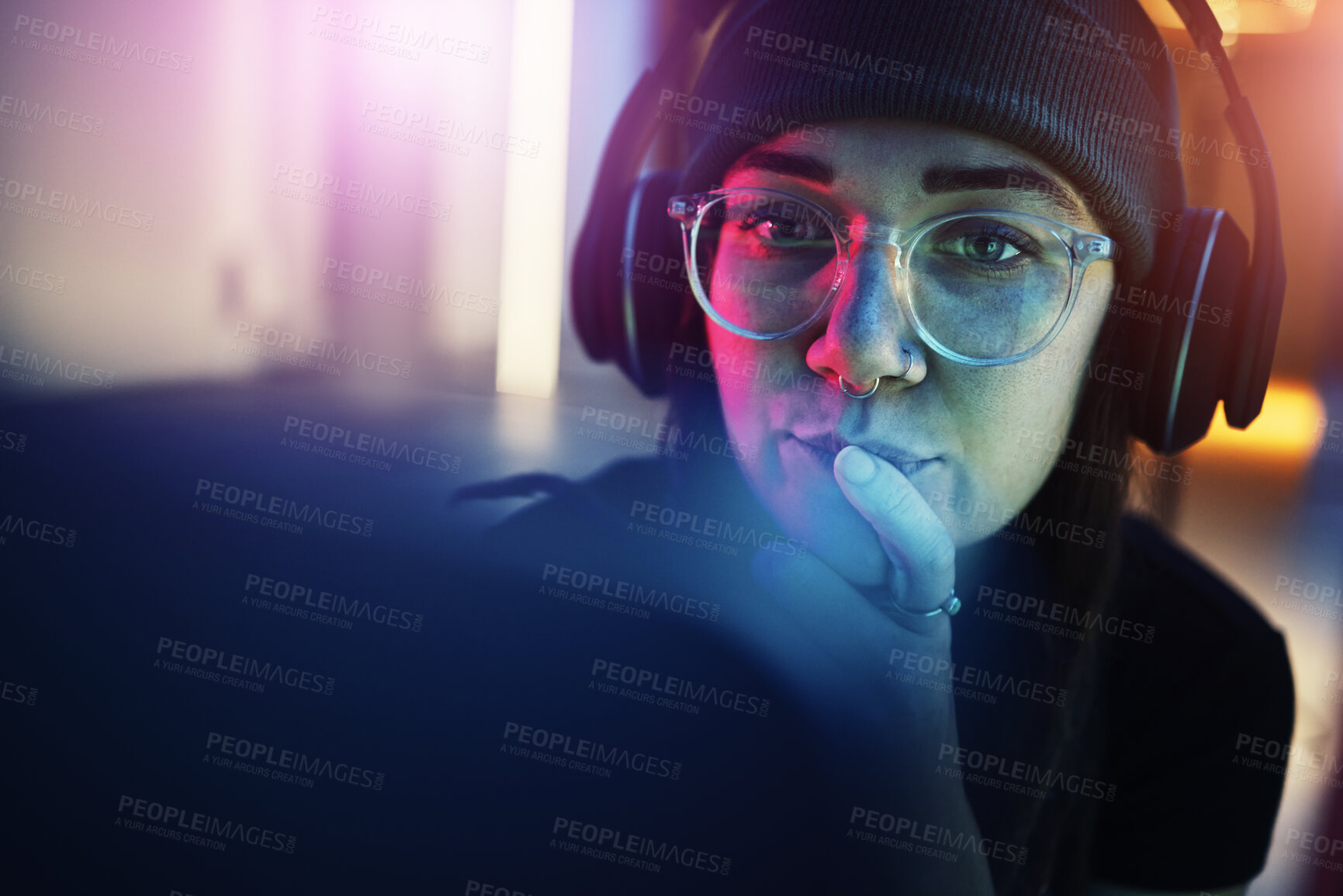 Buy stock photo Thinking face, Information technology or woman hacker in dark room at night for coding or cybersecurity. Research, pc software or girl hacking online in digital transformation on internet or website