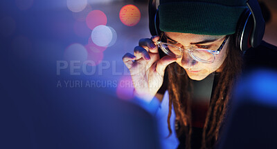 Buy stock photo Cyber security, woman or hacker working on computer in the basement at night for phishing on database. Bokeh mockup, focus or girl coder hacking ai digital network password on internet or website 