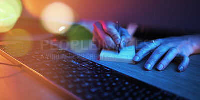 Buy stock photo Writing, hacker and computer with hands of person for research, coding and programming at night. Neon, software and development with programmer at keyboard for cyber, developer and database hacking