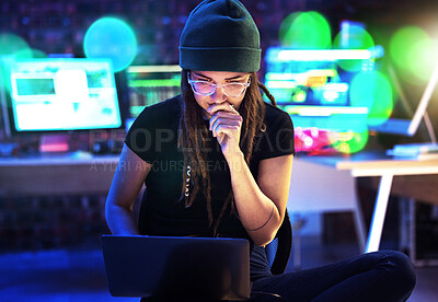 Buy stock photo Laptop, woman and hacker thinking in home for programming, software or cybersecurity. Neon, computer and female coder or programmer reading information for hacking idea while on dark web at night.