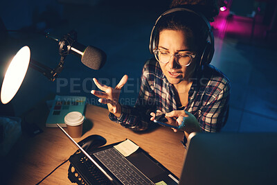 Buy stock photo Podcast, live streaming and woman on microphone speaking, advice or broadcast on gen z platform and night neon. Influencer person with voice talking on mic for news, politics or media report on radio