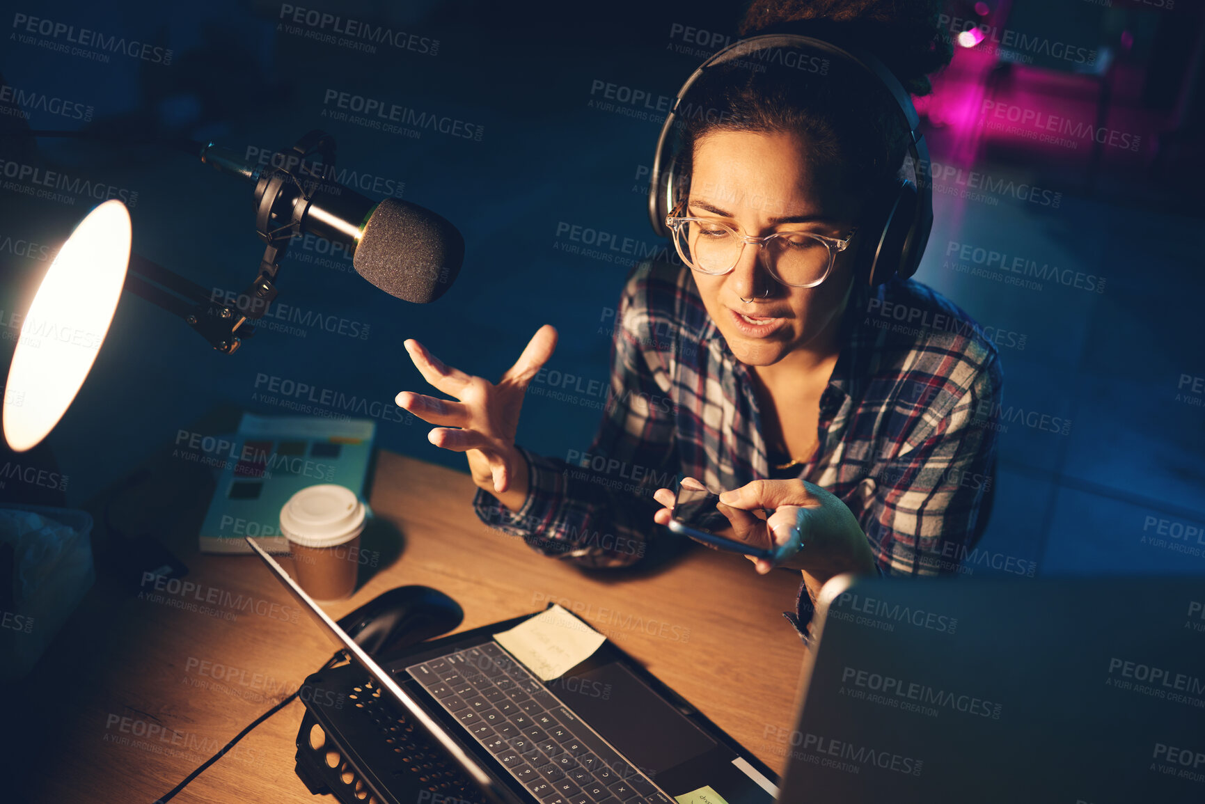 Buy stock photo Podcast, live streaming and woman on microphone speaking, advice or broadcast on gen z platform and night neon. Influencer person with voice talking on mic for news, politics or media report on radio