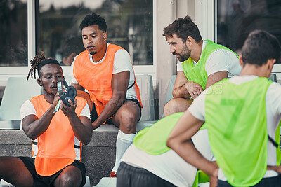 Buy stock photo Men, relax or rugby team with headphones on break, exercise workout or training for a game. Music, friends relaxing or sports people bonding, talking or resting after practice match on bench together