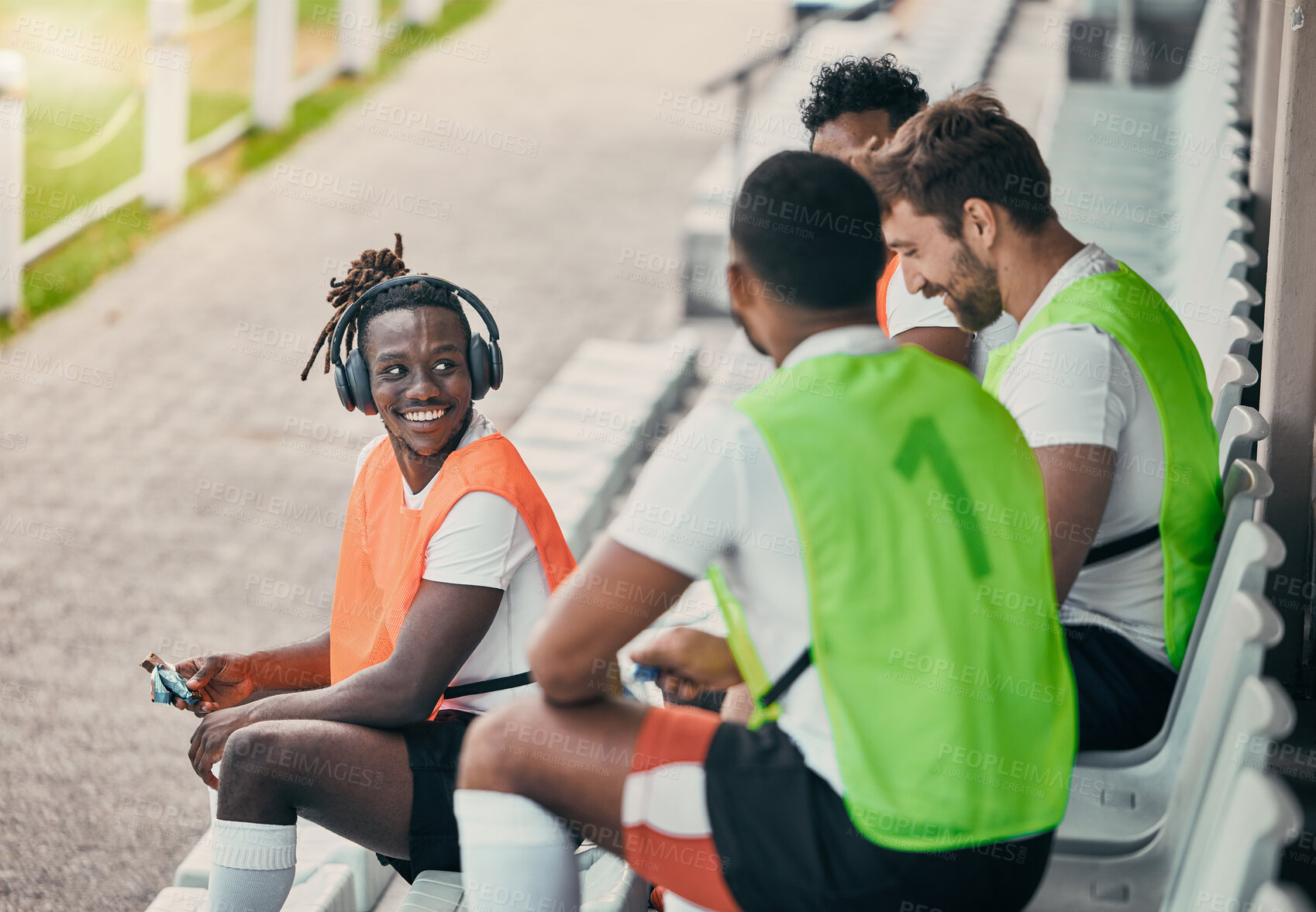 Buy stock photo Team, sport and rugby men on break with smile, planning and conversation for diversity, solidarity and happy. Group teamwork, university or professional sports at stadium for fitness, friends or goal