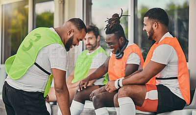 Buy stock photo Rugby men, teamwork and fitness on bench, laughing or comic chat for diversity, solidarity and happy. Group team building, university or professional sport at stadium for relax, friends or funny time