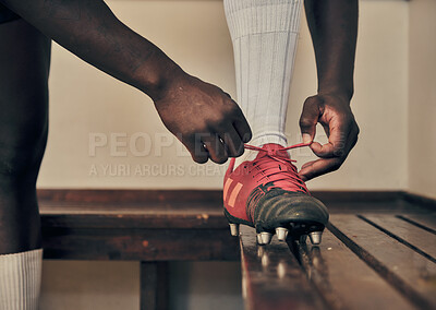 Buy stock photo Rugby, tie shoes or hands of man ready to start playing a training game for exercise or workout. Zoom, fitness or Healthy athlete player with footwear or boots in changing room or sports club bench