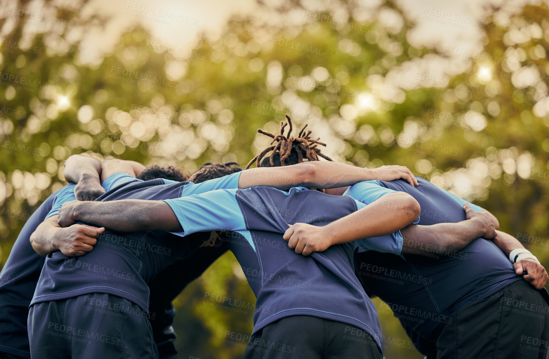 Buy stock photo Team, men and huddle in sports for support, motivation or goals for coordination outdoors. Sport group and rugby scrum together for fitness, teamwork or success in collaboration before match or game