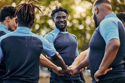Buy stock photo Diversity, team and men with hands together in sports for support, motivation or goals outdoors. Man sport group fist bump for fitness, teamwork or success in collaboration before match or game