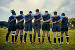 Back view, men or rugby team in stadium with support, unity or pride ready for a sports game together. Fitness, solidarity or proud players in line for match, workout or exercise on field at stadium