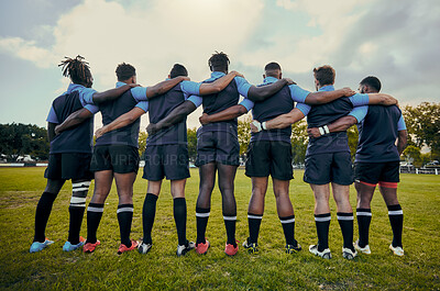Buy stock photo Back view, men or rugby team in stadium with support, unity or pride ready for a sports game together. Fitness, solidarity or proud players in line for match, workout or exercise on training field
