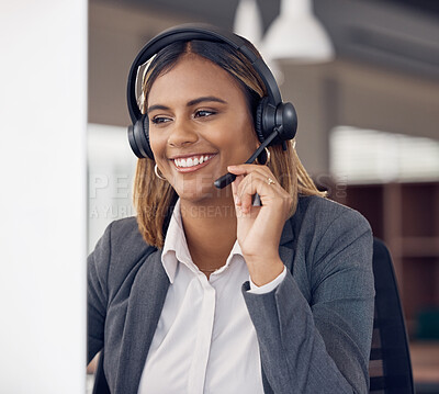 Buy stock photo Call center, indian woman and smile at office computer in business, microphone and tech support and happiness. Telemarketing consultant, desktop pc and female crm with communication for customer care