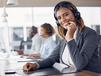 Buy stock photo Call center woman, portrait and smile in office for customer support job, happiness or microphone at desk. Indian telemarketing consultant, desktop pc or happy crm with communication in workplace