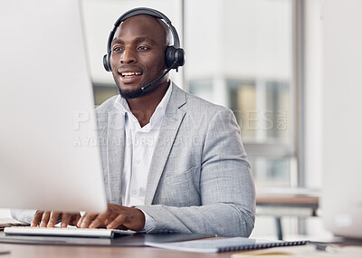 Buy stock photo Call center, man and computer for typing with smile, reading and tech support with happiness at job. African telemarketing consultant, desktop pc and writing email for communication in customer care