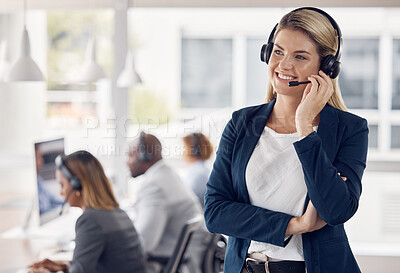 Buy stock photo Woman, call center and smile in leadership with headset for telemarketing, customer service or support at office. Happy female consultant manager smiling with headphones for online advice or coaching