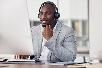 Buy stock photo Black man, call center and computer with headset for telemarketing, customer service or support at office desk. Happy African American male consultant agent smiling with headphones on PC for advice
