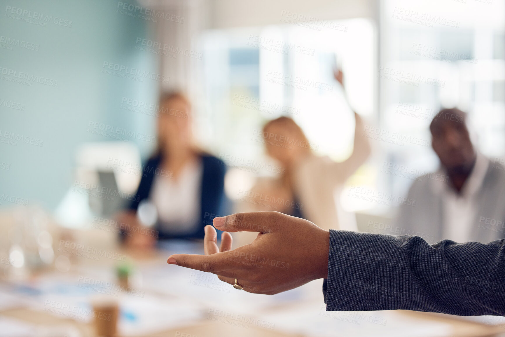 Buy stock photo Presentation, manager and a hand in a meeting for leadership, team coaching and conference. Business, speaker and a boss speaking in a workshop, teaching workers and leading a group together at work