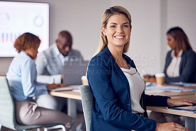 Buy stock photo Happy portrait of business woman in office meeting with mindset for employee engagement, leadership and planning. Face of corporate manager, professional or worker person with job or company mission