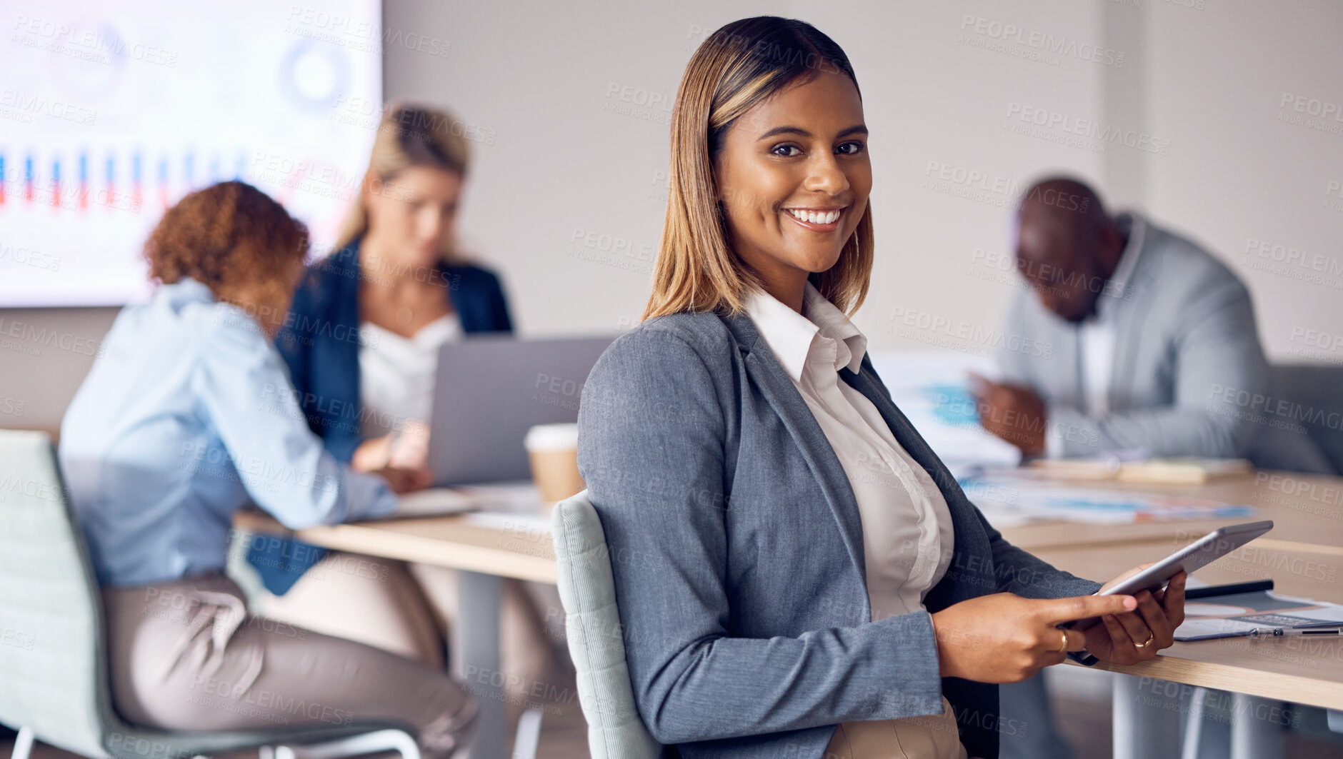 Buy stock photo Portrait, business woman and tablet in meeting for online planning, data analysis and company agenda. Corporate manager, professional or indian person with digital technology for workflow management