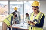 Architecture, tablet and woman with project management, software design and planning in office for blueprint. Construction worker, contractor or engineering person on digital tech for floor plan idea