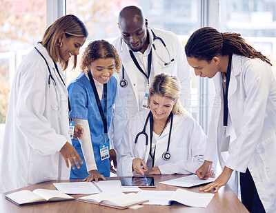 Buy stock photo Doctors group discussion, tablet and desk with documents, results or report with teamwork, good news and support. Team, touchscreen and big data analysis for progress, development or medical research