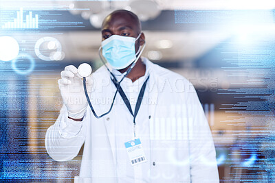 Buy stock photo Doctor, man and stethoscope in hand with overlay, hologram and listen with big data analysis, graph and futuristic lab. African medic, medical research and holographic display with covid mask at job
