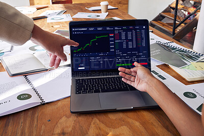 Buy stock photo Laptop screen, stock market and hands of people in meeting, data analytics and statistics analysis or review growth. Computer, software and trading, investment and online profit with analyst teamwork