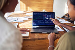 Computer screen, stock market and people hands in meeting, data analytics or statistics analysis of profit growth. Analyst women show client on laptop for trading. investment app and finance fintech