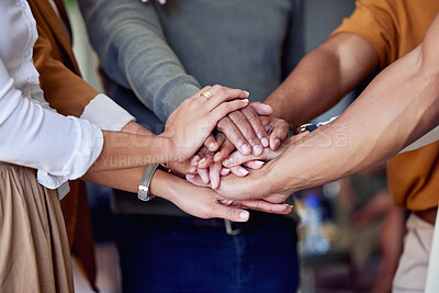 Buy stock photo Business, hands and huddle for teamwork, support and team building at startup with diversity at work. Workshop, men and women together in collaboration, goal with trust, success and employees meeting