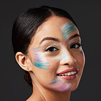 Beauty, face paint and smile, portrait of woman with creative makeup, art and self expression. Skincare, creativity and color in artistic cosmetics, skin and freedom to express for beautiful girl.