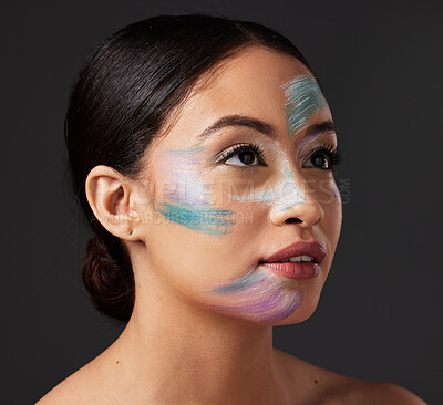 Buy stock photo Beauty, art and portrait of woman paint on face, creative makeup and self expression. Skincare, creativity and color in artistic cosmetics, empowerment and freedom to express for young beautiful girl