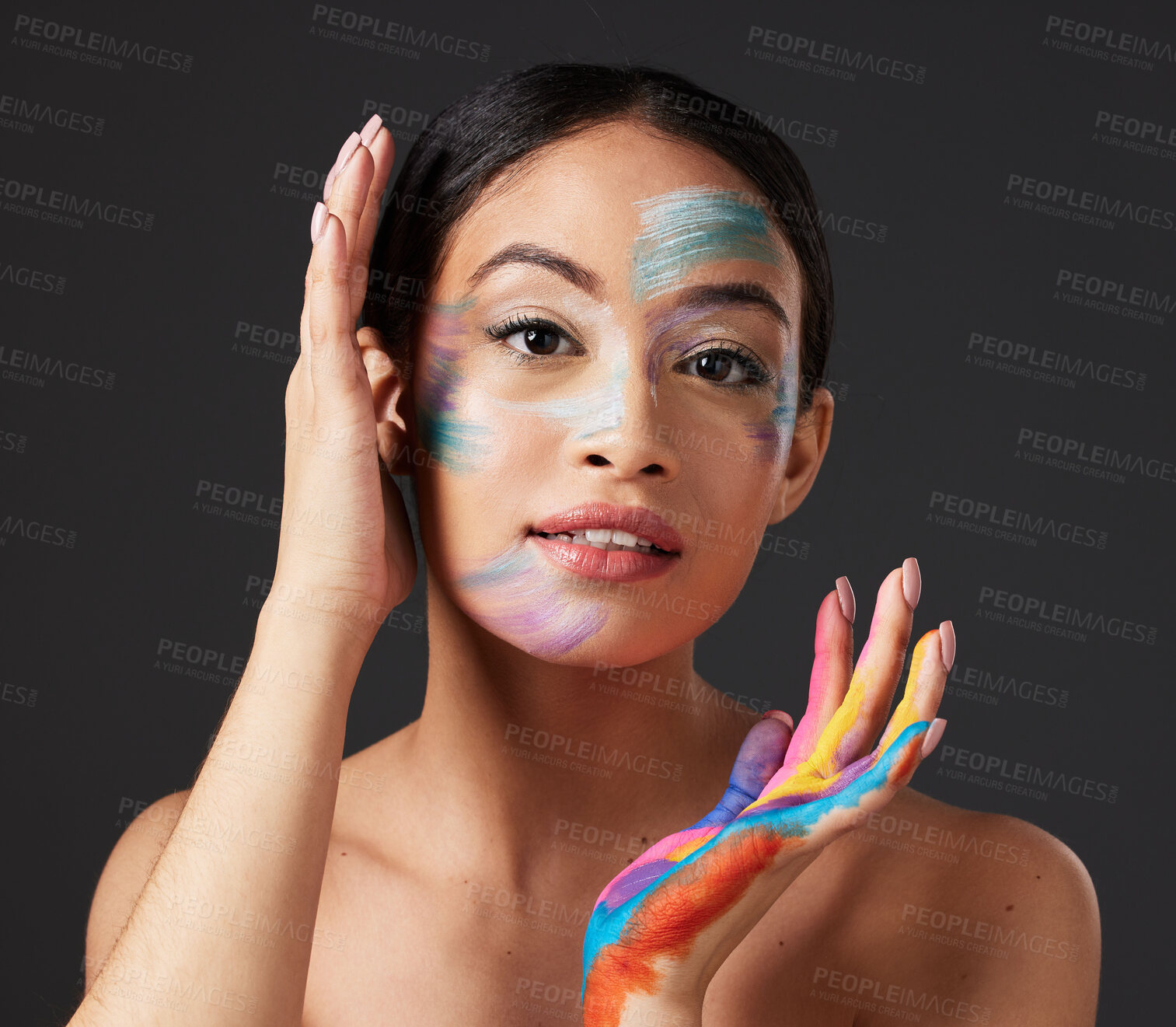 Buy stock photo Beauty, art and face paint, portrait of woman with creative makeup and self expression. Skincare, creativity and color in artistic cosmetics, aesthetic and freedom to express for young beautiful girl