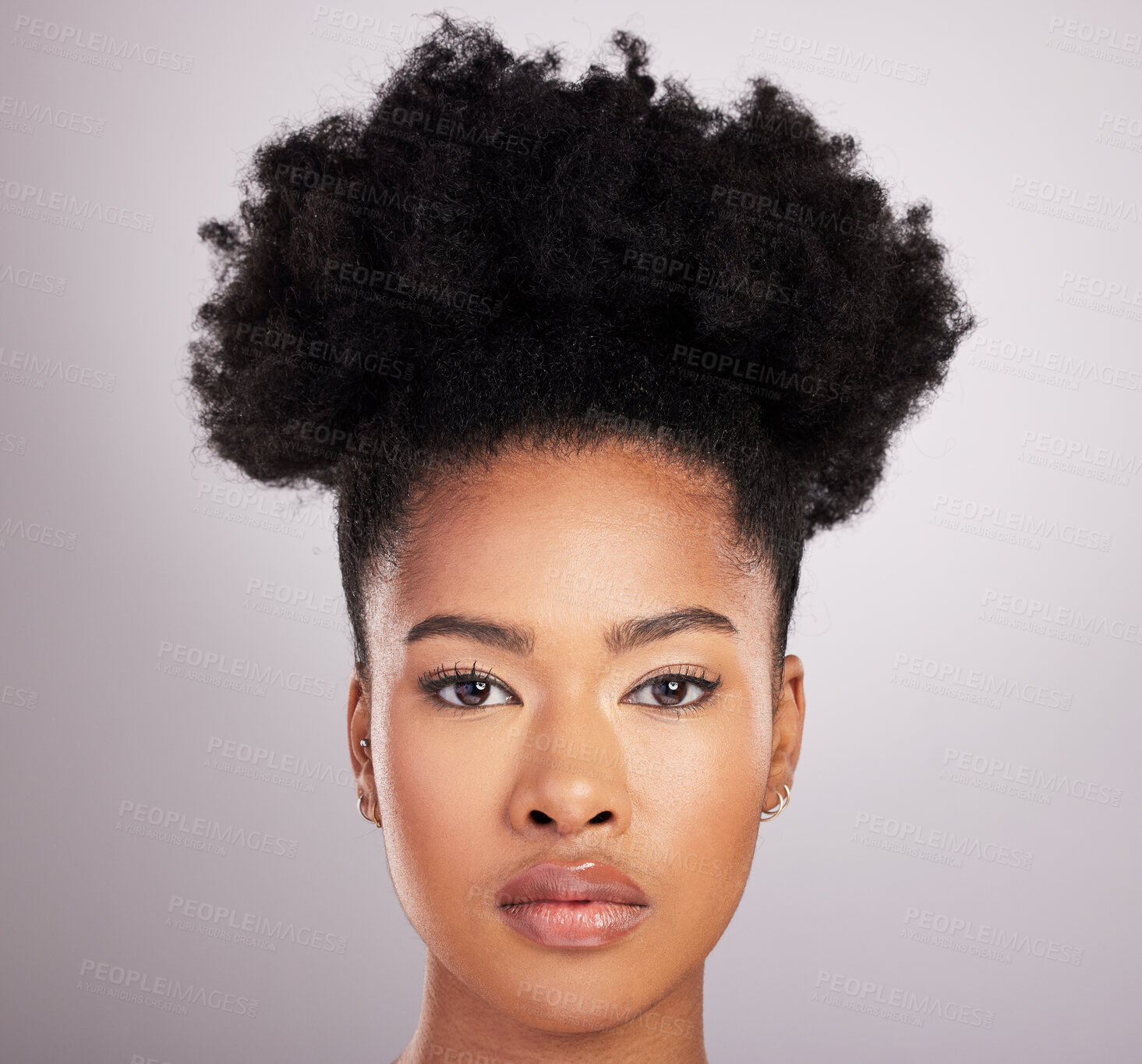 Buy stock photo Skincare, beauty and face, portrait black woman with pride, white background and cosmetics product. Health, dermatology and natural makeup, African model in studio for healthy skin care and wellness.