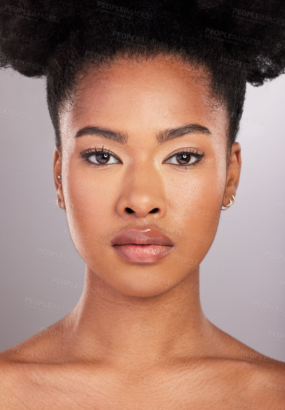 Buy stock photo Skincare, beauty and portrait of black woman with confidence, white background and cosmetics product. Health, dermatology and natural makeup, African model in studio for healthy skin and wellness.