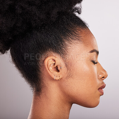 Buy stock photo Skincare, beauty and profile of black woman with confidence, white background and cosmetics product. Health, dermatology and natural makeup, African model in studio for healthy skin care and wellness