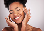 Skincare, woman smile and face closeup of beauty, dermatology and facial treatment. Spa, wellness and skin glow aesthetic with a studio background with young female, cosmetics and makeup shine