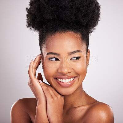Buy stock photo Skincare, beauty and smile, black woman with confidence, white background and cosmetics product. Health, dermatology and natural makeup, African model in studio for healthy skin care and wellness.