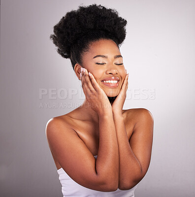 Buy stock photo Skincare, African beauty and black woman with hands on face, confidence in white background and cosmetics product. Health, dermatology and natural makeup, model in studio for healthy skin and care.