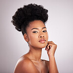 Skincare, beauty and portrait black woman with confidence, white background and cosmetics product. Health, dermatology and natural makeup, African model in studio for healthy skin care and wellness.