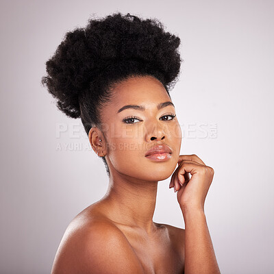 Buy stock photo Skincare, beauty and portrait black woman with confidence, white background and cosmetics product. Health, dermatology and natural makeup, African model in studio for healthy skin care and wellness.