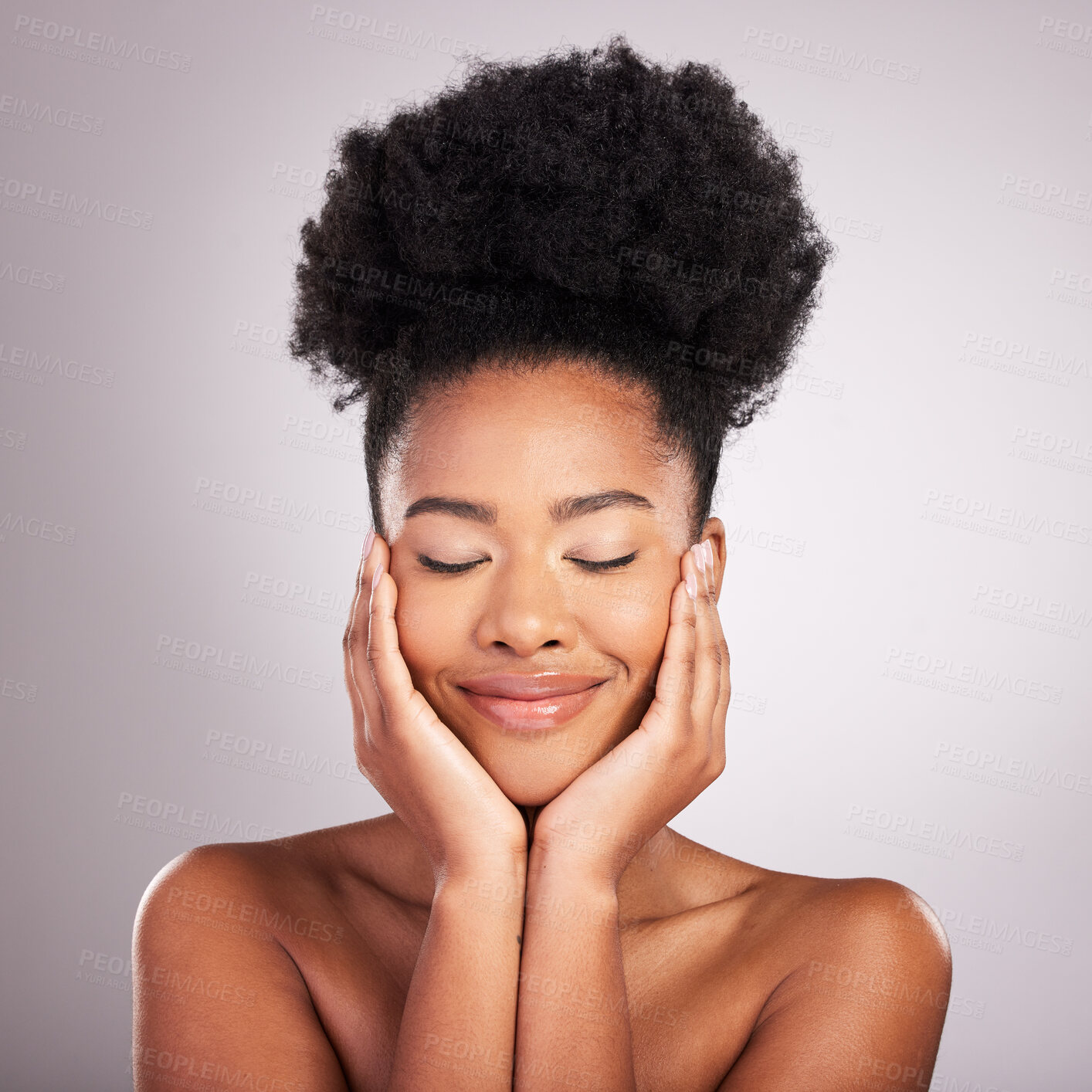 Buy stock photo Skincare, beauty and black woman with satisfaction, confidence and white background for cosmetics. Health, dermatology and natural makeup and African model in studio in healthy care and wellness