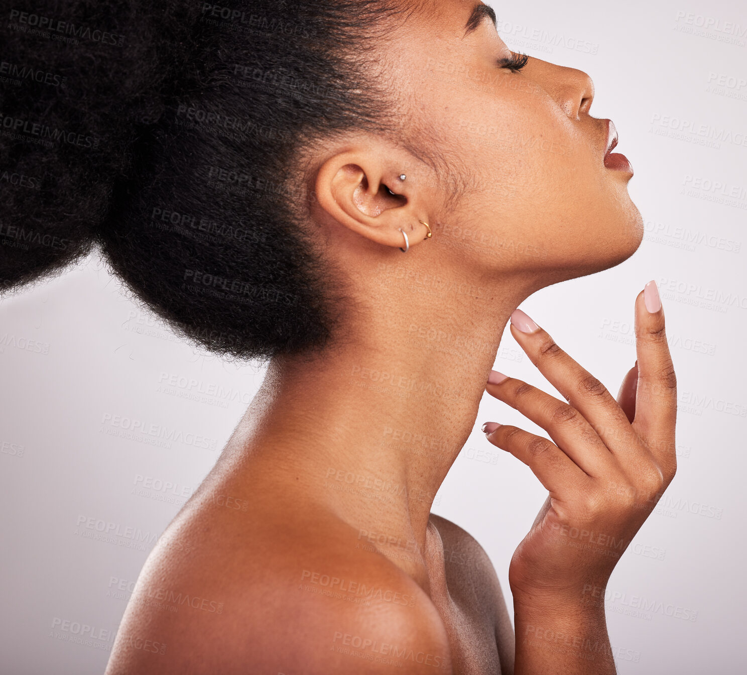 Buy stock photo Skincare, cosmetics and profile of black woman with confidence, white background and beauty product. Health, dermatology and natural makeup, African model in studio for healthy skin care and wellness