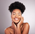 Skincare, beauty and happy black woman with smile, confidence on white background and cosmetics product. Health, dermatology and natural makeup, African model in studio for healthy skin and care.