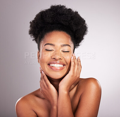 Buy stock photo Skincare, beauty and happy black woman with smile, confidence on white background and cosmetics product. Health, dermatology and natural makeup, African model in studio for healthy skin and care.