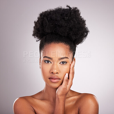Buy stock photo Skincare, dermatology and portrait black woman with beauty, white background and salon cosmetics. Health, luxury and natural makeup, African model in studio for healthy skin care and spa wellness.