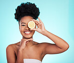 Lemon, skincare and portrait of black woman in studio smile for wellness, natural cosmetics and facial. Dermatology spa, beauty and face of girl with citrus fruit for detox, vitamin c and nutrition